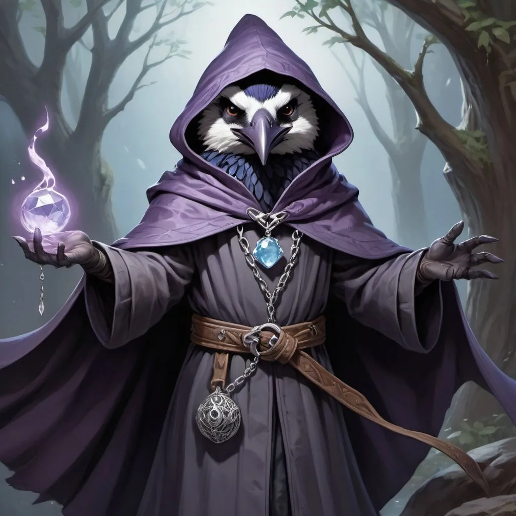 Prompt: Kenku sorcerer from the D&D game casts a spell, lilac streams of magical energy burst out of his paws, and magical seals appear. It has gray plumage and bright lilac eyes, his face looks like a raven's. He is dressed in a hood, a long dark gray cloak, the front of the cloak is secured with a silver chain near the collarbones, and on the left chest there is a silver brooch with a pale blue gem. He is excited and smiles playfully. Highly detailed.