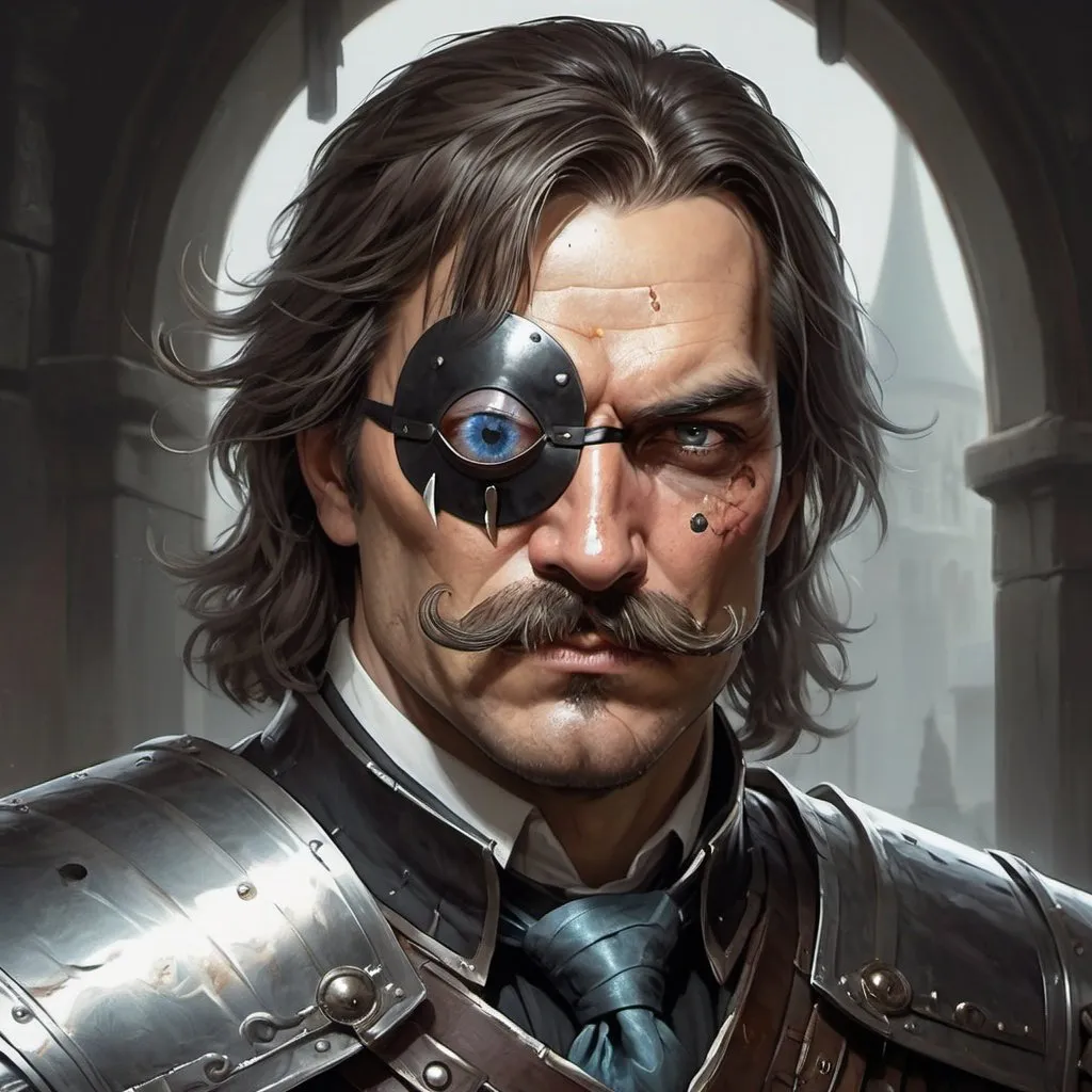 Prompt: a 40 years old man in plate armor wearing a fake eye patch with a tie covering the eye on the left eye and with thick hair and mustache, Aleksi Briclot, antipodeans, epic fantasy character art