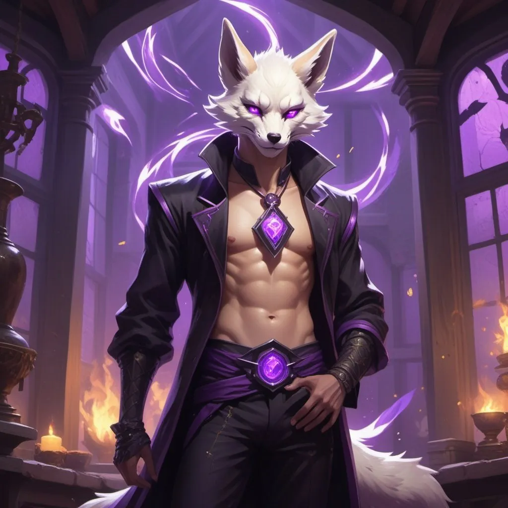 Prompt: male kitsune in a bare-chested revealing black outfit in front of the interior of an medieval aristocrat's house creates rays of purple energy, Dr. Atl, vanitas, league of legends splash art, cyberpunk art