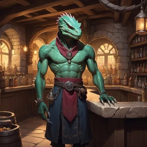 Prompt: A slender humanoid lizardman dressed as a medieval innkeeper stands behind the tavern counter in front of interior of a fantasy stone tavern, male, Dr. Atl, vanitas, league of legends splash art, cyberpunk art