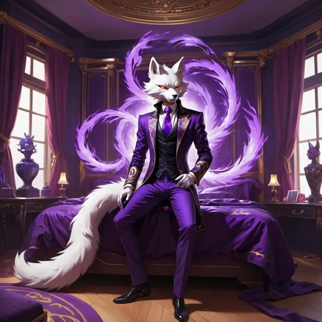 Prompt: male kitsune in a revealing outfit in front of the interior of an aristocrat's bedroom creates spirals of violet energy, Dr. Atl, vanitas, league of legends splash art, cyberpunk art