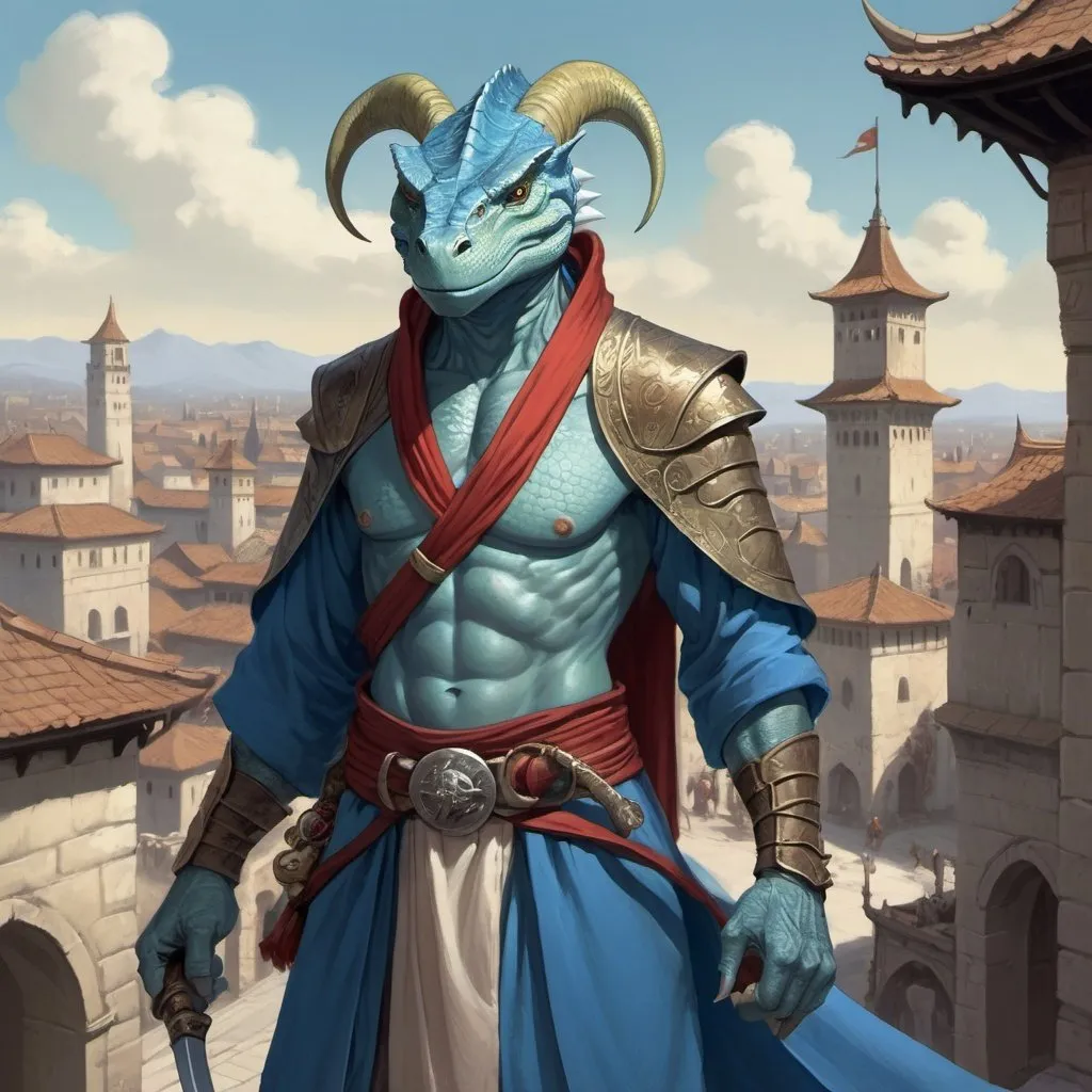 Prompt: a blue bare-chested lizardman wizard  without outerwear and sword and a bag on his shoulder and a scimitar in his hands in oriental attire in satin scarves around the neck with long ears and horns, standing in front of a medieval european fantasy city background, Art of Brom, fantasy art, epic fantasy character art