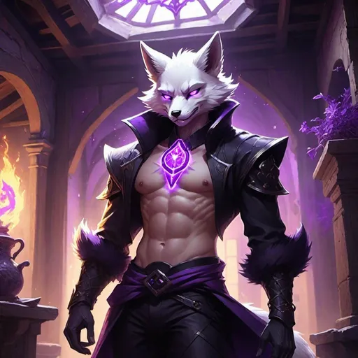 Prompt: male kitsune with furry body like a furry in a bare-chested revealing black outfit in front of the interior of an medieval aristocrat's house creates rays of purple energy, Dr. Atl, vanitas, league of legends splash art, cyberpunk art