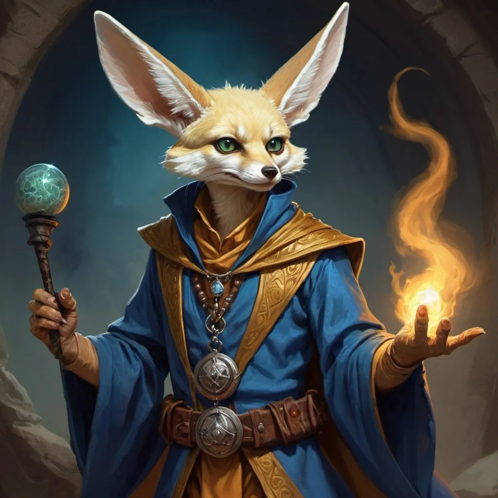 Prompt: humanoid fennec-lizard-beetle dressed as a sorcerer from Dungeons and Deagons, Chris Rahn, fantasy art, epic fantasy character art, a character portrait