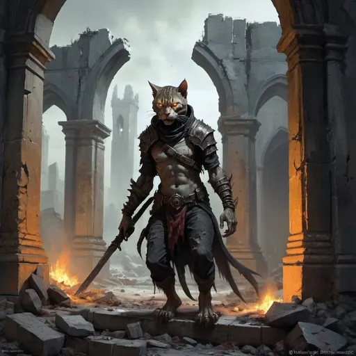 Prompt: zombie Khajiit wanders through the ruins, Aleksi Briclot, gothic art, deviantart artstation, a fine art painting