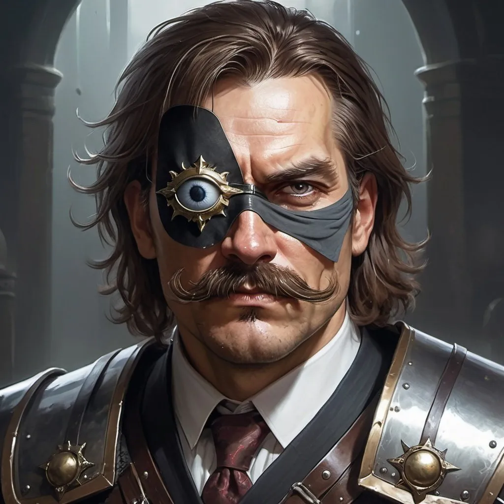 Prompt: a 40 years old man in plate armor wearing a fake eye patch with a tie covering the eye on the left eye and with thick hair and mustache, Aleksi Briclot, antipodeans, epic fantasy character art