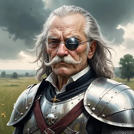 Prompt: a old man in plate armor wearing a fake eye patch with a tie on the left eye and with thick hair and mustache stands against the backdrop of a meadow in cloudy weather, Aleksi Briclot, antipodeans, fantasy character art