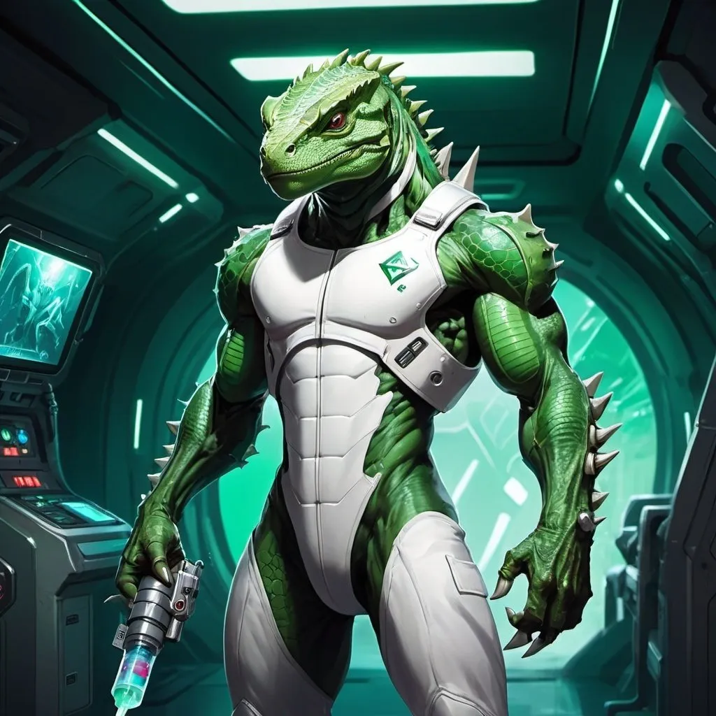 Prompt: A muscular green lizardman with a syringe pistol in his hands dressed in a tight white medical overall stands against the interior of a futuristic spaceship, Dr. Atl, vanitas, league of legends splash art, cyberpunk art
