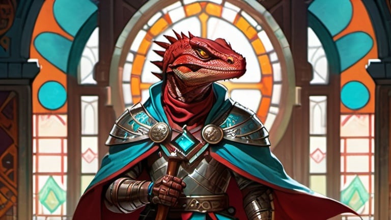 Prompt: A red lizardman paladin with hammer in his hand dressed in oriental style metal heavy armor and a silk scarf and turquoise cloak, standing against the background of a fantasy Aztec temple interior with colored stained glass windows and curtains, Art of Brom, fantasy art, epic fantasy character art, concept art