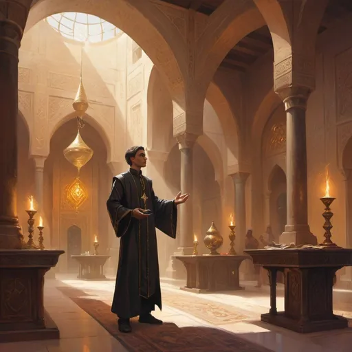 Prompt: a young man-priest uses magic in front of interior of rich Arab chambers during the day, Art of Brom, fantasy art, epic fantasy character art, concept art