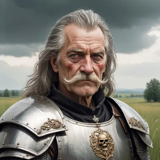 Prompt: a old man in Hussite armor with eye patch only on his left eye, with thick hair and mustache, stands against the backdrop of a meadow in cloudy weather, Boleslaw Cybis, antipodeans, epic fantasy character art
