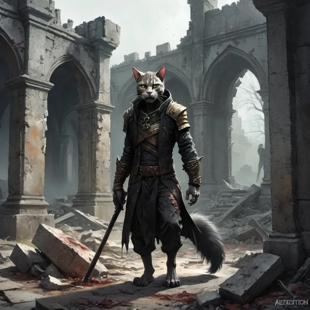 Prompt: zombie Khajiit wanders through the ruins of the estate, Aleksi Briclot, gothic art, deviantart artstation, a fine art painting