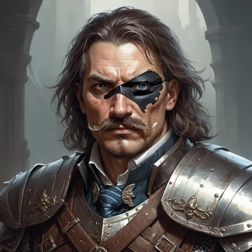 Prompt: a 40 years old man in plate armor wearing a fake eye patch with a tie on the left eye and with thick hair and mustache, Aleksi Briclot, antipodeans, epic fantasy character art