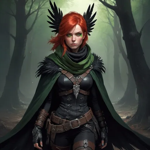 Prompt: a scandinavian woman monster hunter with red hair and green eyes wearing a black outfit and cape and a black scarf with green feathers on her head and a black snood around her neck and on her chest, full length, Aleksi Briclot, gothic art, deviantart artstation, a fine art painting