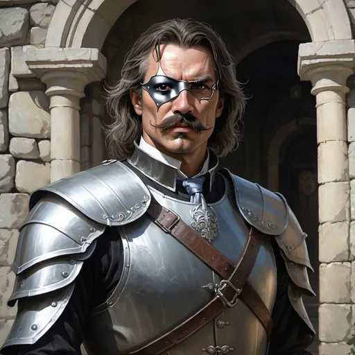 Prompt: a 40 years old man in plate armor wearing a fake eye patch with a tie covering the eye on the left eye and with thick hair and mustache standing in front of stone manor, Aleksi Briclot, antipodeans, epic fantasy character art