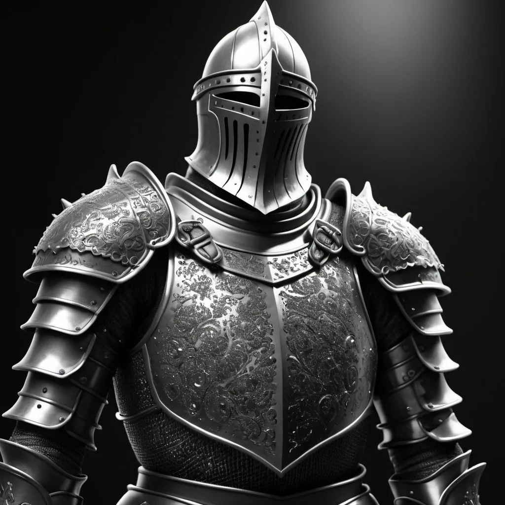 Prompt: a black and white photo of a black knight armor with metal flakes on it's chest and shoulders, without helmet, with a background, Andries Stock, photorealism, piece of armor, an ambient occlusion render