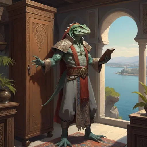 Prompt: a grey lizardman mage with scrolls in his hand in armenian clothes standing in front of interior of cabinet overlooking the bay and vegetation in Byzantine style, Art of Brom, fantasy art, epic fantasy character art, concept art