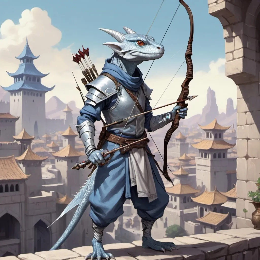 Prompt: a silver lizard-kobold archer from Dungeons and Dragons with a horned head and a bow in his hand wearing pale indigo arabic clothes, holding a bow at the ready in his hand, standing in front of a medieval oriental fantasy city background, Dr. Atl, vanitas, league of legends splash art, cyberpunk art