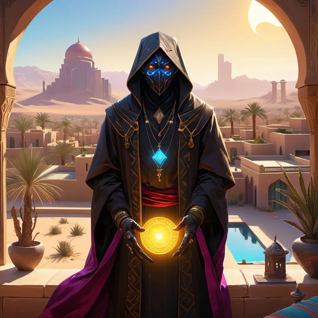 Prompt: a man-priest dressed as a Bedouin with glowing eyes with light in his hands in front of richly furnished apartments of an aristocrat with large windows and views of the city in the desert with gardens and pools during the day, Dr. Atl, vanitas, league of legends splash art, cyberpunk art