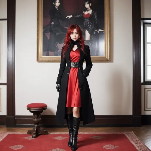 Prompt: a woman in a red and black dress and a black coat and boots is posing for a picture in a room, Ayami Kojima, arabesque, vogue, a poster