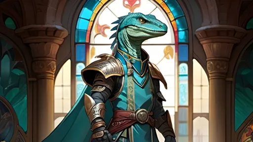 Prompt: A lizardfolk paladin with a khopesh in his right hand, slim athletic build, his muzzle looks like a velociraptor, he smiles reservedly, his scales are pale blue, he mysteriously looks somewhere into the distance. He is dressed in oriental style metal heavy armor, he is wearing a silk scarf that flutters in the wind. Behind his back is a turquoise cloak. He stands against the background of a fantasy temple interior, colored stained glass windows from which daylight falls, curtains hanging down to the floor. Highly detailed.