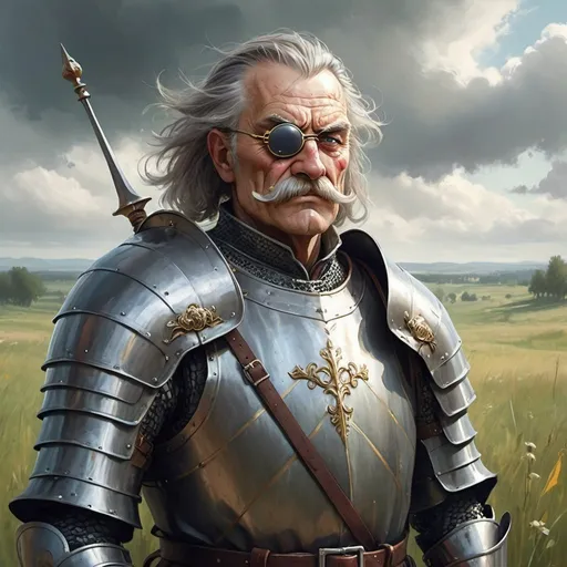Prompt: a old man in medieval plate armor wearing a fake eye patch with a tie on the left eye and with thick hair and mustache stands against the backdrop of a meadow in cloudy weather, Aleksi Briclot, antipodeans, fantasy character art
