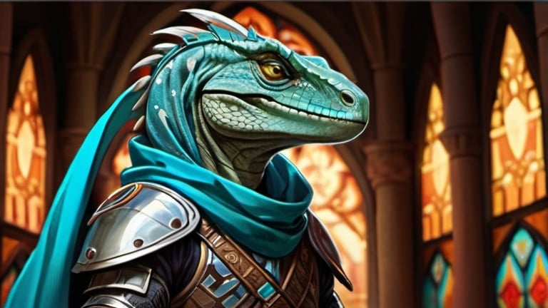 Prompt: A lizardfolk paladin with a khopesh in his right hand, slim athletic build, his muzzle looks like a velociraptor, he smiles reservedly, his scales are pale blue, he mysteriously looks somewhere into the distance. He is dressed in oriental style metal heavy armor, he is wearing a silk scarf that flutters in the wind. Behind his back is a turquoise cloak. He stands against the background of a fantasy temple interior, colored stained glass windows from which daylight falls, curtains hanging down to the floor. Highly detailed.