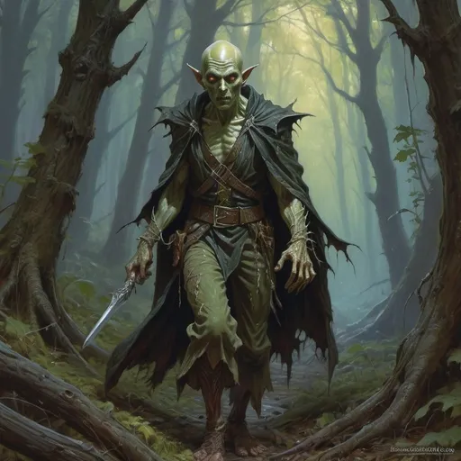 Prompt: zombie elf-wizard in torn clothes wanders through the dark forest, Donato Giancola, fantasy art, epic fantasy character art, concept art