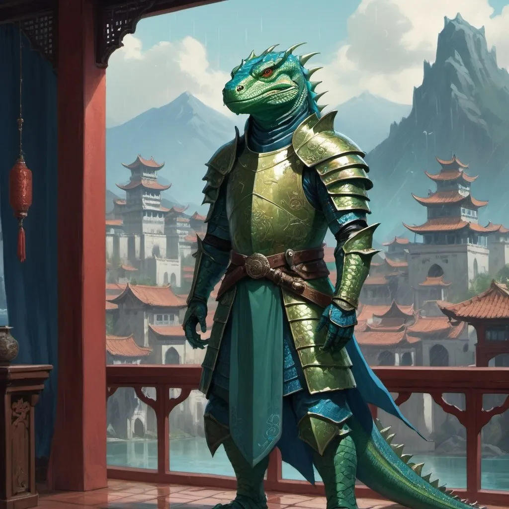 Prompt: a sea ​​green lizardman knight in modernized oriental medieval armor, standing in front of interior with blue cotton curtains and in front of rainy mountain fantasy city with bay, Art of Brom, fantasy art, epic fantasy character art, concept art