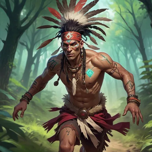 Prompt: a bare-chested shaman dressed like a Indian medicine man running in front of forest, Dr. Atl, vanitas, league of legends splash art, cyberpunk art
