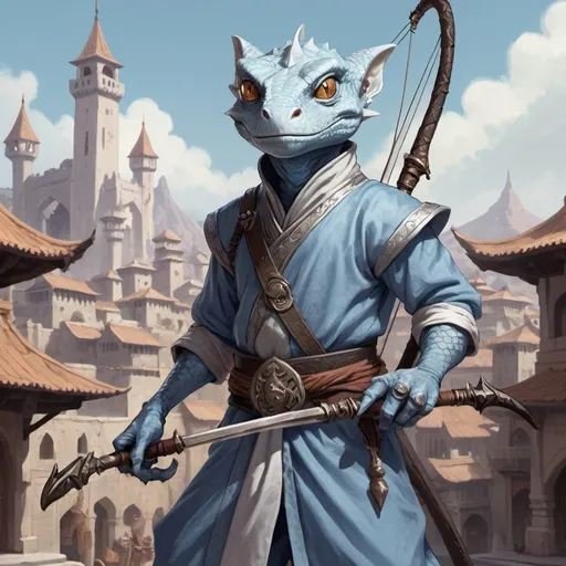 Prompt: a silver lizard-kobold from Dungeons and Dragons with a horned head and a bow in his hand wearing pale indigo arabic clothes, holding a bow at the ready in his hand, standing in front of a medieval oriental fantasy city background, Dr. Atl, vanitas, league of legends splash art, cyberpunk art