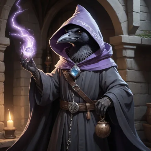 Prompt: The young witch Kenku from Dungeons and Dragons. He casts a magic spell and lilac streams of magical energy and lilac lightning burst out of his paws, and magical seals appear. He is thin, he has gray plumage, and his facial features are refined, his face looks like a crow. Kenku is excited and smiles playfully. He wears a hood, a long dark gray cloak, and the front of the cloak is fastened with a silver chain near his collarbones. A silver brooch with a pale blue gem is attached to the robe on the left chest. In the background, the interior of a stone medieval building. Night. High detailed.