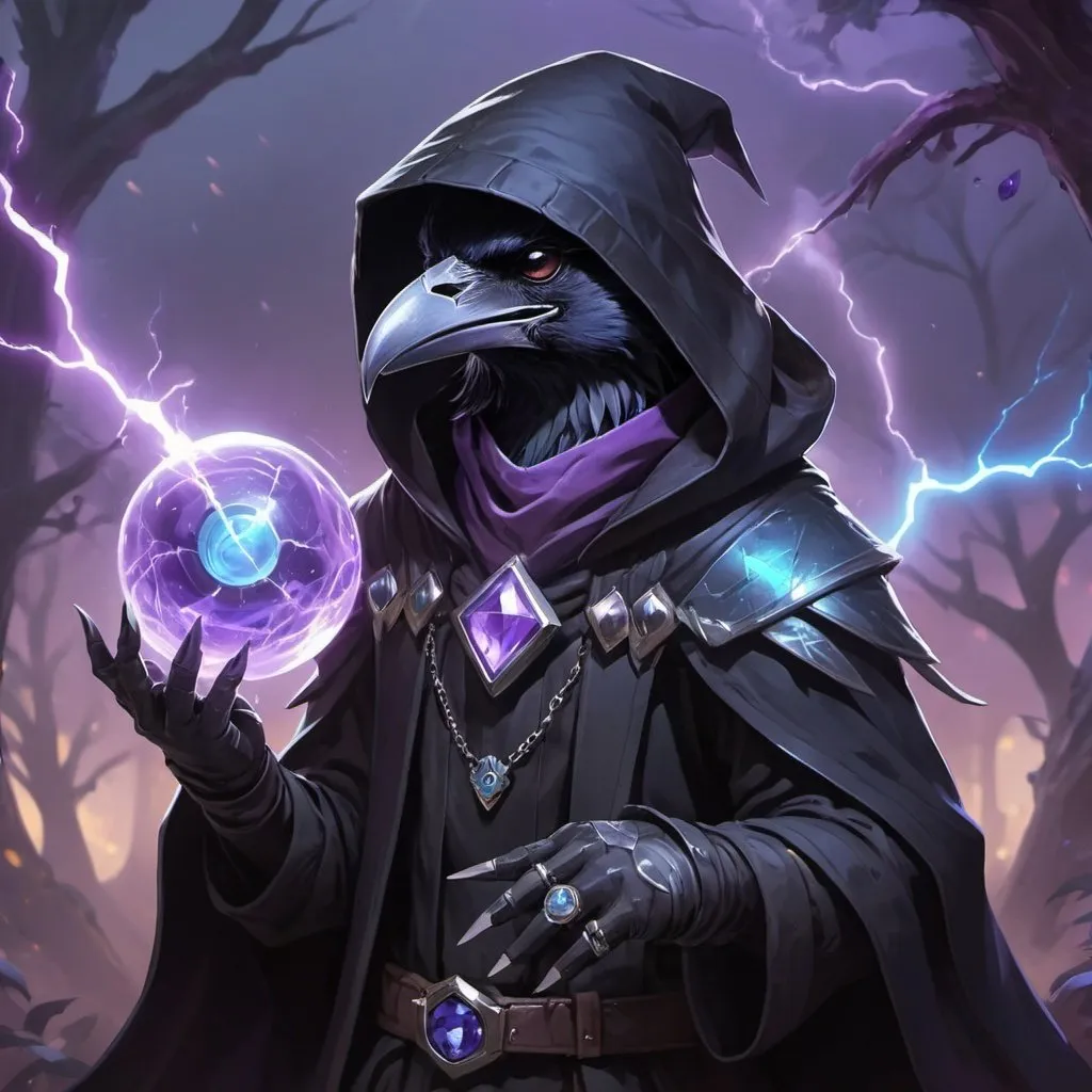 Prompt: a young friendly kenku crow in a black outfit with a silver brooch with a pale blue gem holding a purple object in his hand and a purple magical lightning in his other hand, Dr. Atl, vanitas, league of legends splash art, cyberpunk art