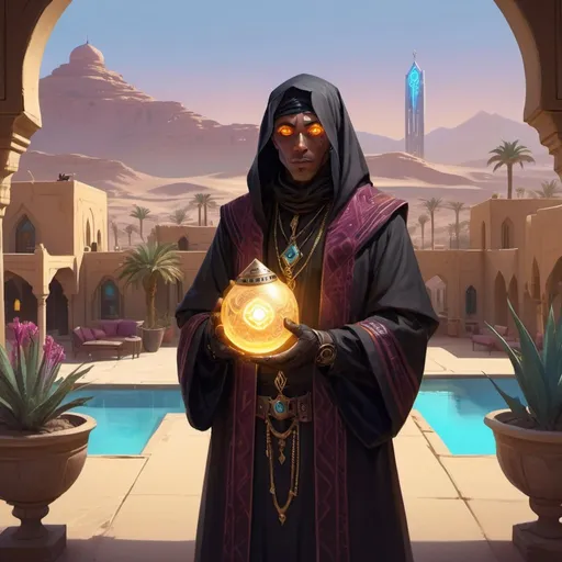 Prompt: a priest dressed as a Bedouin with glowing eyes with light in his hands in front of richly furnished apartments of an aristocrat with large windows and views of the city in the desert with gardens and pools, Dr. Atl, vanitas, league of legends splash art, cyberpunk art