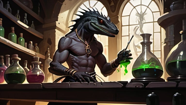 Prompt: A black lizardman alchemist prepares potions in front of interior of a fantasy alchemical laboratory, Art of Brom, fantasy art, epic fantasy character art, concept art