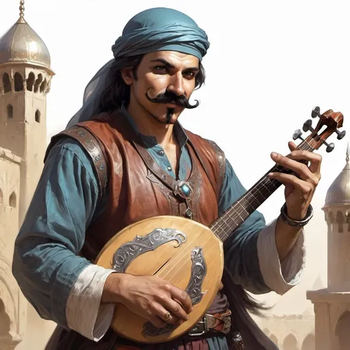 Prompt: a arabian man with a mustache, he is a bard from Dungeons and Dragons, 
hold a musical instrument in hands, Aleksi Briclot, antipodeans, epic fantasy character art