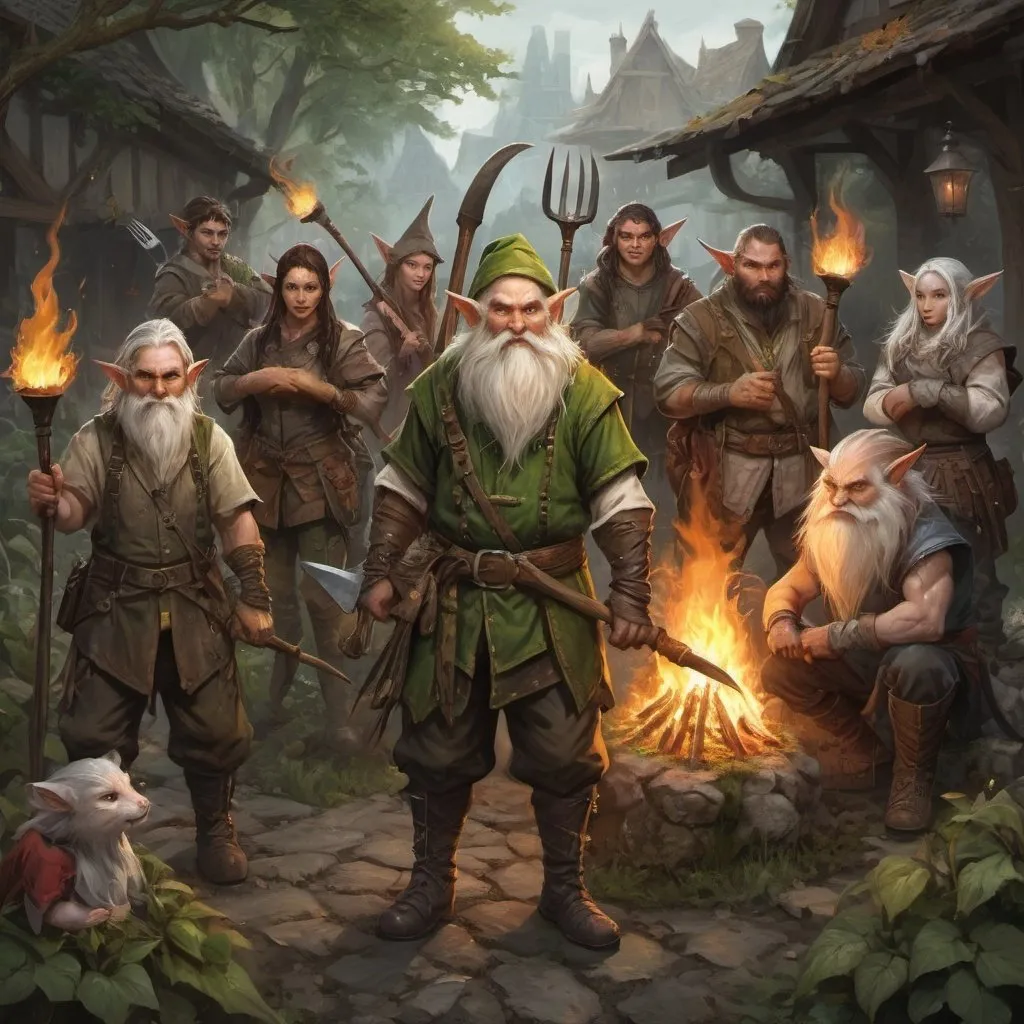 Prompt: a group of elves, gnomes, dragonborns, kitsune and humans peasant people with pitchforks, torches and other garden tools in tattered clothes, Chris Rahn, fantasy art, epic fantasy character art, a character portrait