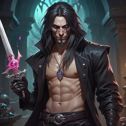 Prompt: a bare-chested man with a long hair without mustache dressed like an thief on holding a dagger in his hand, Dr. Atl, vanitas, league of legends splash art, cyberpunk art
