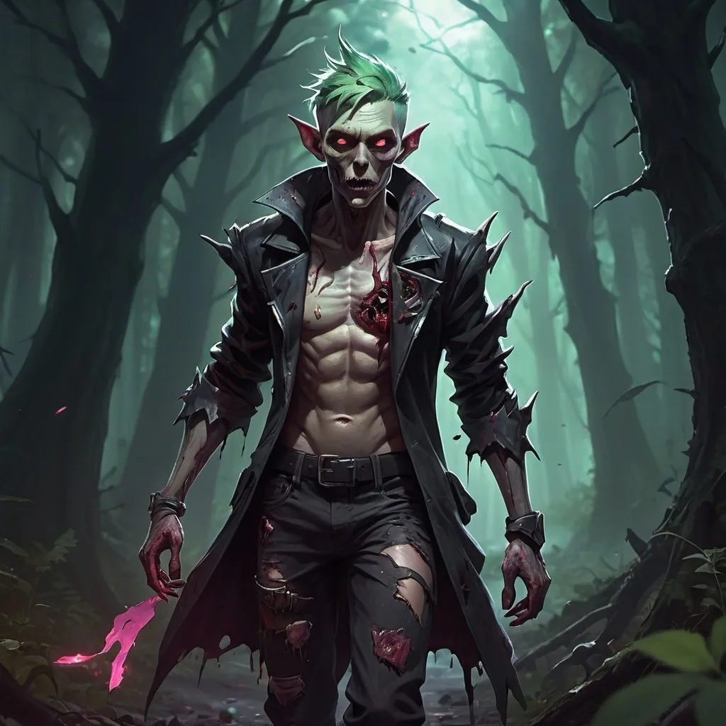 Prompt: zombie elf in torn clothes wanders through the dark forest, Dr. Atl, vanitas, league of legends splash art, cyberpunk art