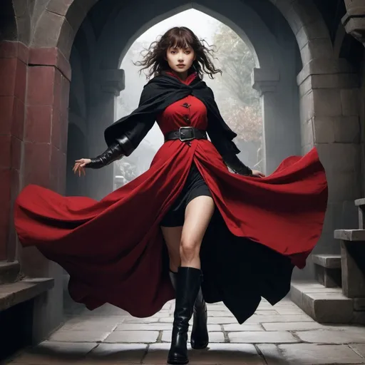 Prompt: a hobbit woman from Dungeons and Dragons in a red and black dress and a black coat and boots causes a whirlwind, Ayami Kojima, arabesque, vogue, a poster