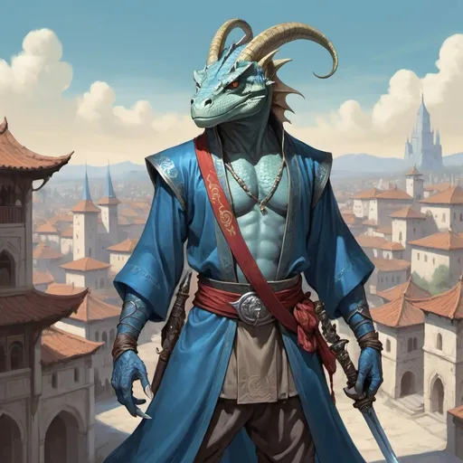 Prompt: a blue bare-chested lizardman wizard  without outerwear and sword and a bag on his shoulder and a scimitar in his hands in oriental attire in satin scarves around the neck with long ears and horns, standing in front of a medieval european fantasy city background, Art of Brom, fantasy art, epic fantasy character art