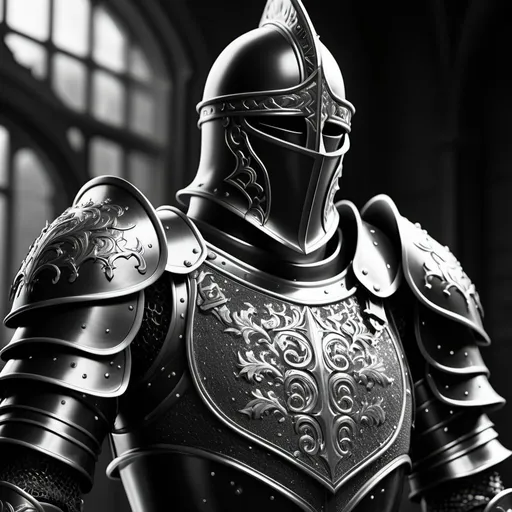 Prompt: a black and white photo of a black knight armor with metal flakes on it's chest and shoulders, with a background, Andries Stock, photorealism, armor, an ambient occlusion render