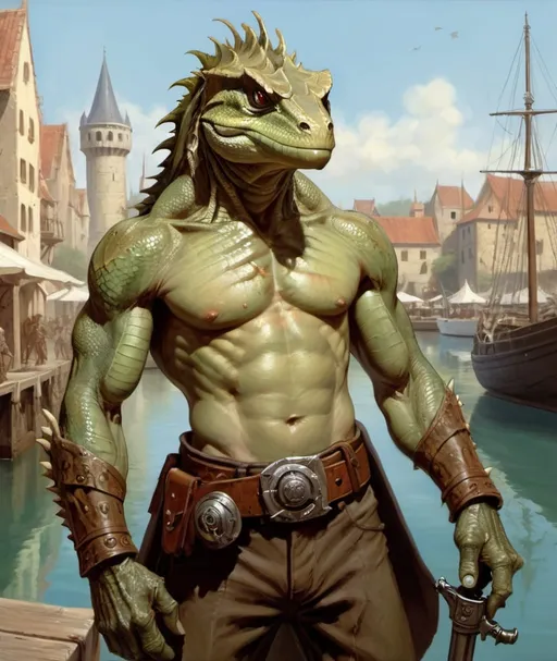 Prompt: a bare chested lizardman with scars on his chest holding a antique hand cannon in his hand standing in front of medieval harbor, with medieval hand cannons on his belt, Donato Giancola, furry art, epic fantasy character art, concept art