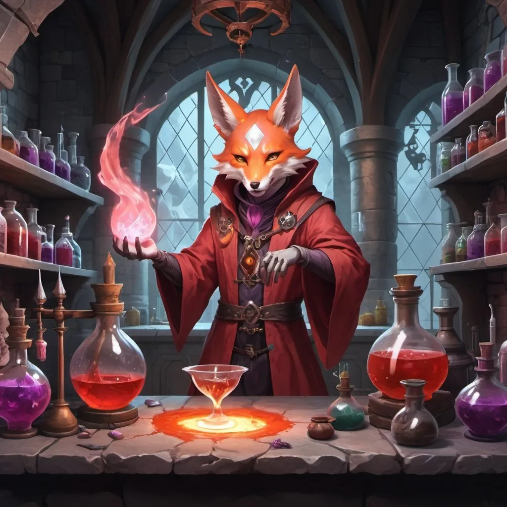 Prompt: A slender humanoid pale red kitsune dressed as a medieval alchemist mixes potions in front of interior of a fantasy medieval stone 
alchemical laboratory, Dr. Atl, vanitas, league of legends splash art, cyberpunk art
