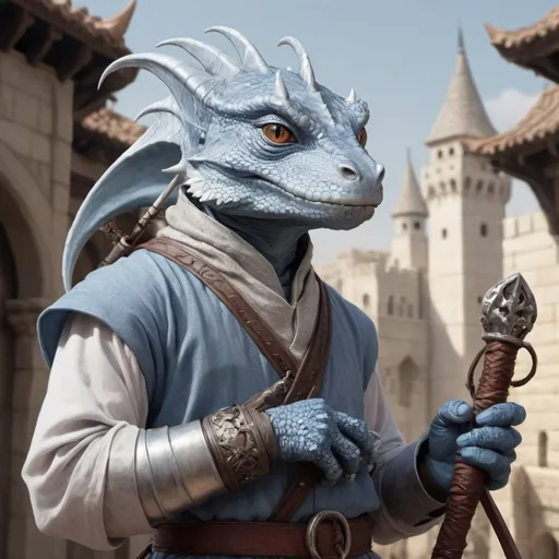 Prompt: a silver lizard-kobold from Dungeons and Dragons with a horned head and a bow in his hand wearing pale indigo arabic clothes, holding a bow at the ready in his hand, standing in front of a medieval oriental fantasy city background, Dr. Atl, vanitas, epic fantasy character art, a character portrait