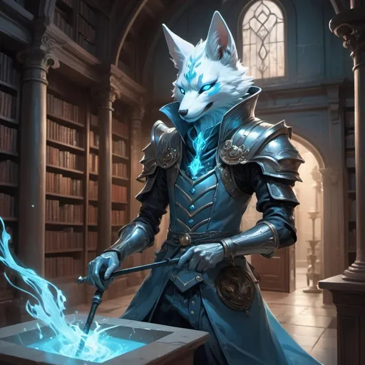 Prompt: A slender humanoid kitsune in the stylish armor of a sorcerer with a metal rod in his hands creates a funnel of magical pale blue wind in front of interior of a stone mansion with a library in the midnight, Dr. Atl, vanitas, league of legends splash art, cyberpunk art