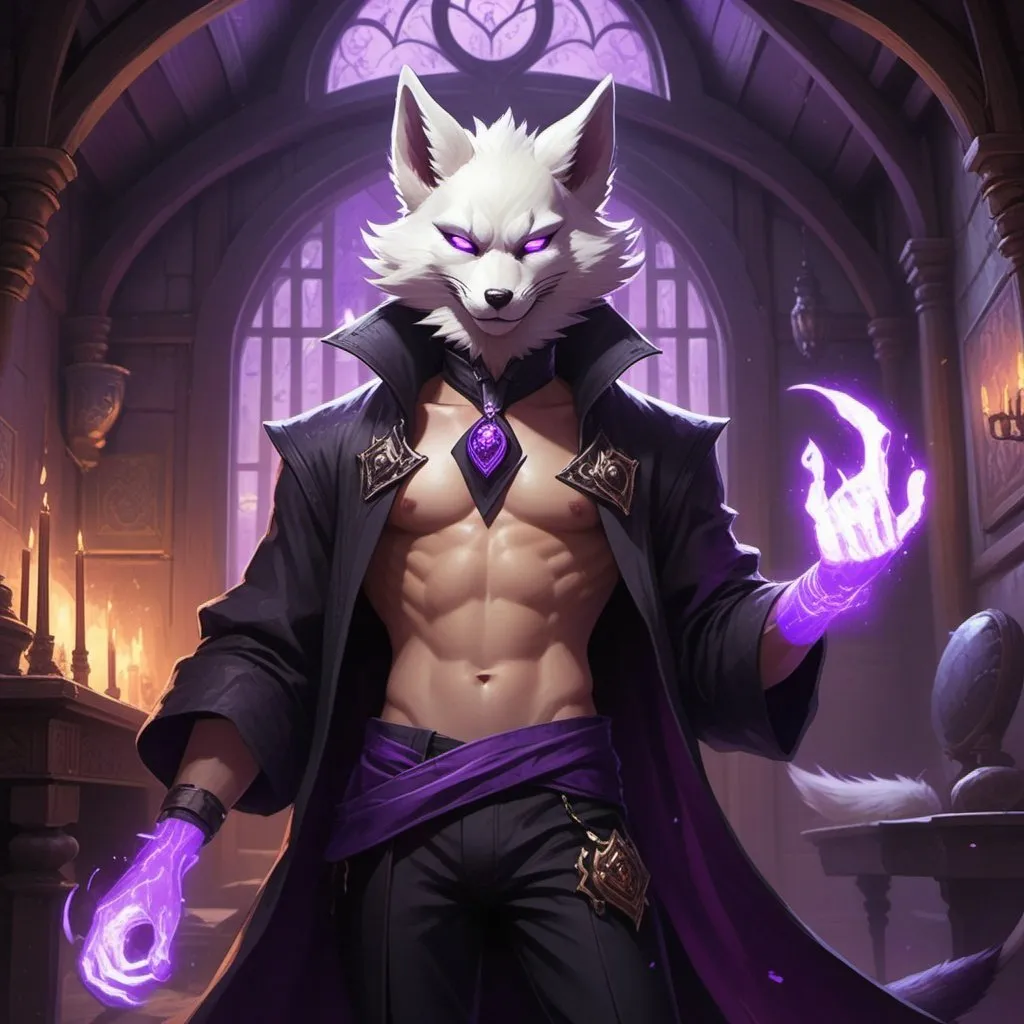 Prompt: male kitsune with furry body like a furry in a bare-chested revealing black outfit in front of the interior of an medieval aristocrat's house creates rays of purple energy, Dr. Atl, vanitas, league of legends splash art, cyberpunk art