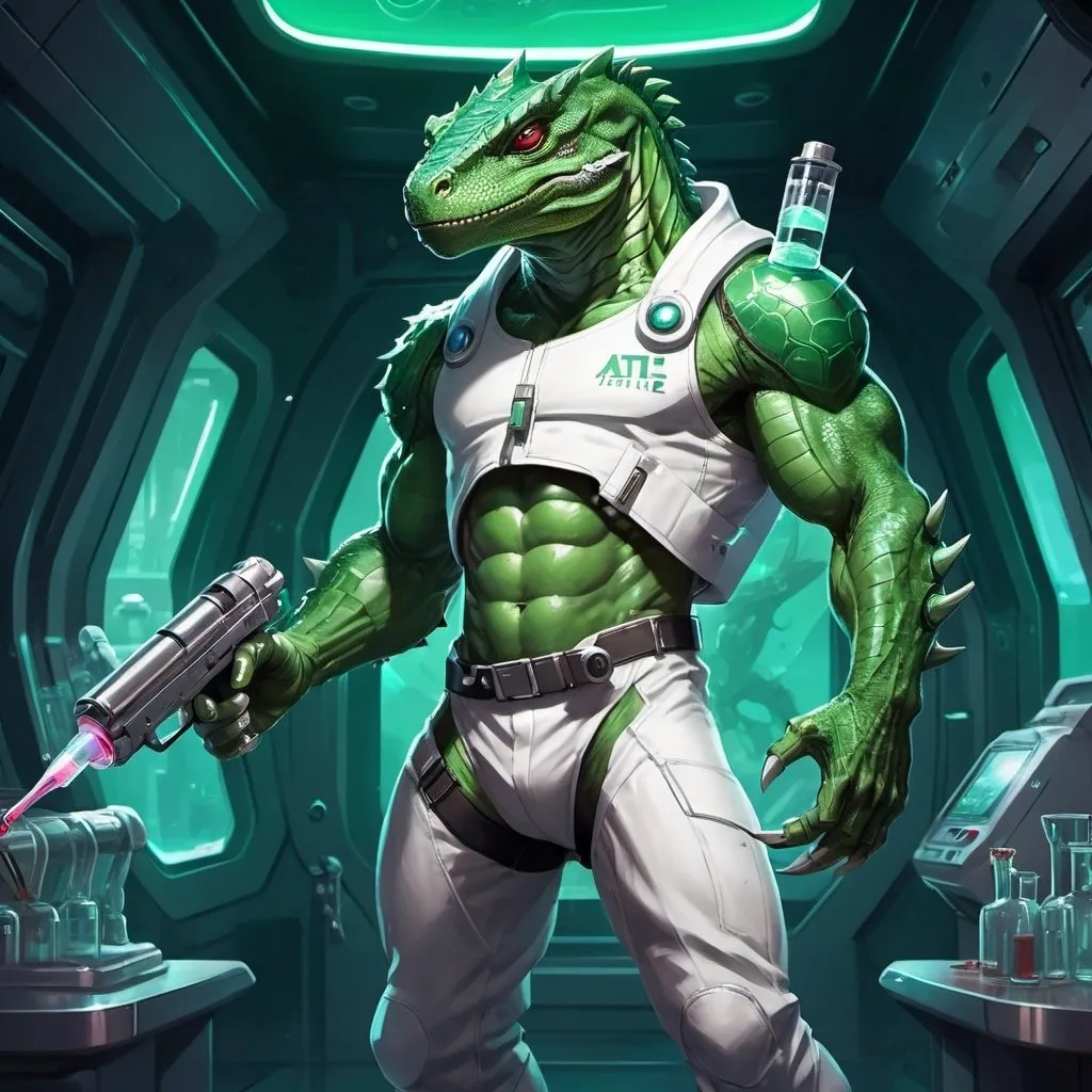 Prompt: A muscular green lizardman with a syringe-pistol in his hands dressed in a tight white medical overall with flasks on his belt stands against the interior of a futuristic spaceship, Dr. Atl, vanitas, league of legends splash art, cyberpunk art