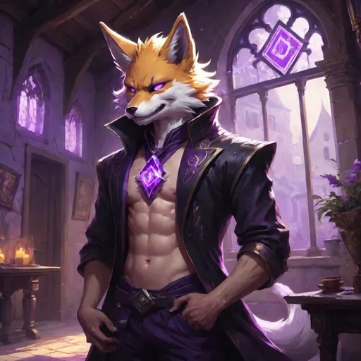 Prompt: male kitsune with furry body like a furry in a bare-chested revealing black outfit in front of the interior of an medieval aristocrat's house creates rays of purple energy, Dr. Atl, vanitas, league of legends splash art, cyberpunk art