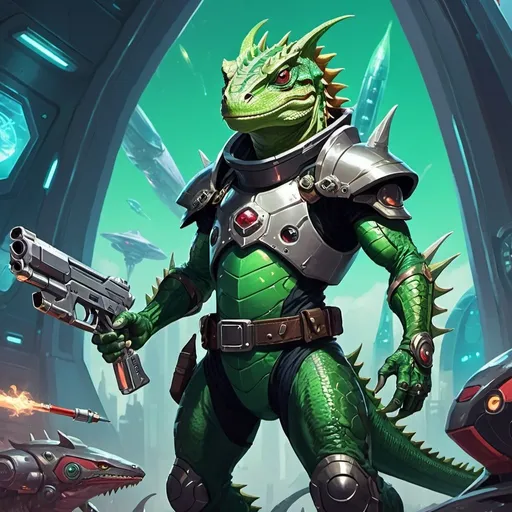 Prompt: A green lizardman, armed with a syringe pistol, dressed in armor with an open belly, stands against the backdrop of a futuristic spaceship, Dr. Atl, vanitas, league of legends splash art, cyberpunk art